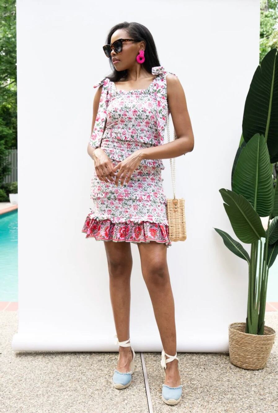 Hello Dobson The Birdie Mini Smocked Botanical Block Print Tie Shoulder Dress